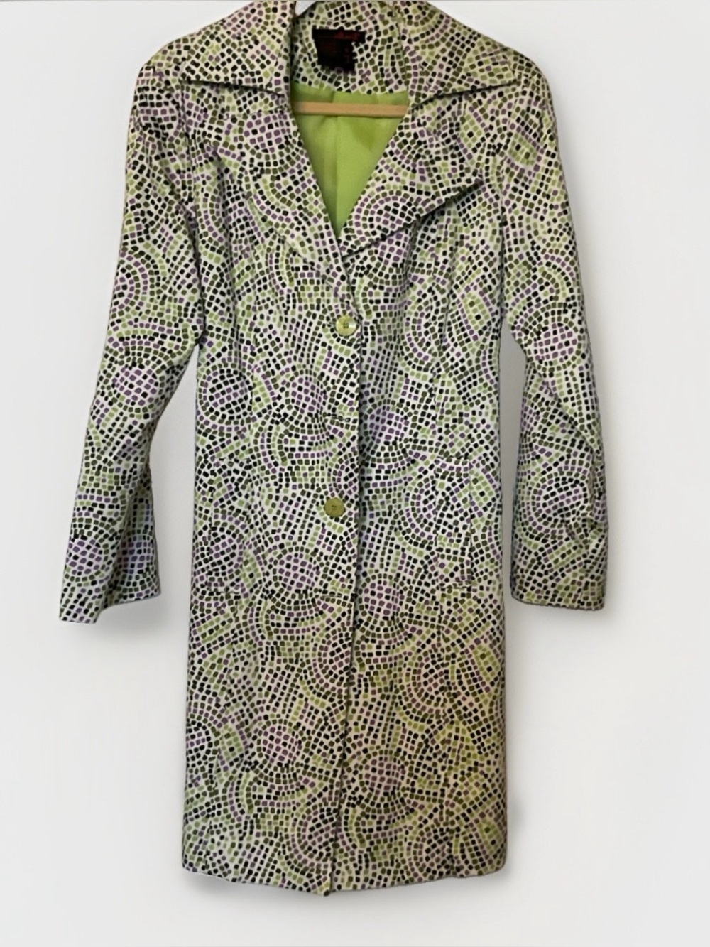 Willi Smith Green and Purple Dot Patterned Knee Length Belted Trench Coat Sz 12